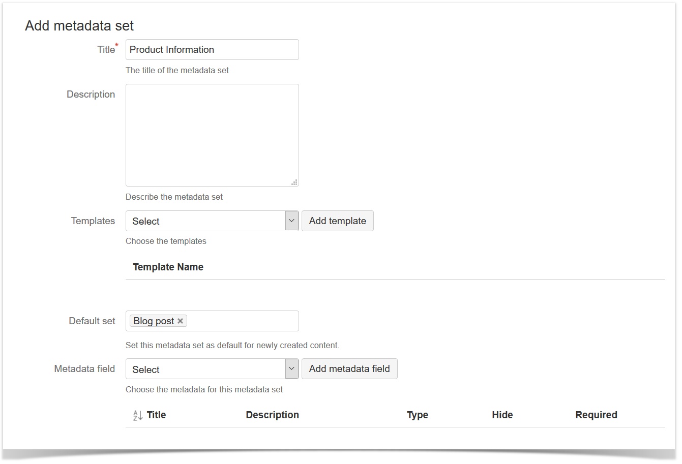 Screenshot of the configuration overview when creating a new metadata set
